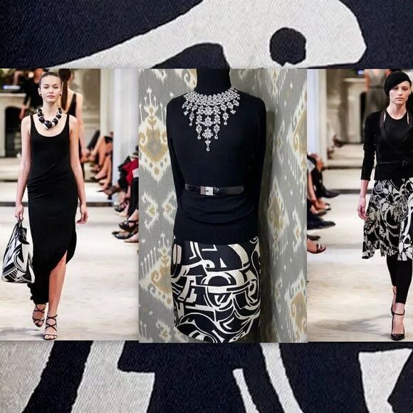 Ralph Lauren Black & Ivory Art Deco Abstract Auto Pattern Silk Pencil Skirt - Picture 4 of 16